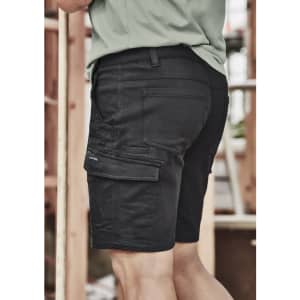 Men's work shorts in black, featuring multiple pockets and a logo. The shorts are designed for comfort and durability.