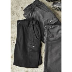 A pair of men's work shorts in black and grey, featuring pockets and a logo. The fabric has a sturdy texture.