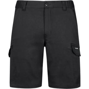 Men's black work shorts featuring side pockets and a logo. Suitable for comfort and durability in work settings.