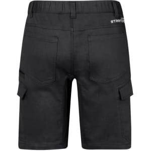 A pair of black work shorts featuring cargo pockets and a branded logo on the back.
