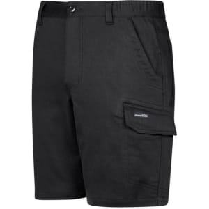 A pair of black work shorts featuring pockets and a branding logo. Suitable for workwear and casual wear.
