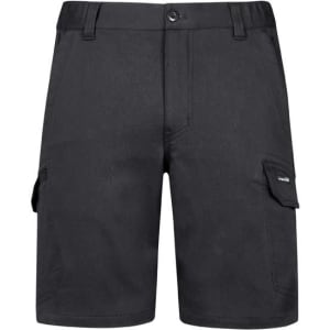 A pair of black work shorts with side pockets and a logo on the side. Suitable for workwear.