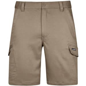 A pair of khaki work shorts featuring side pockets and a waistband with a logo. Suitable for workwear.