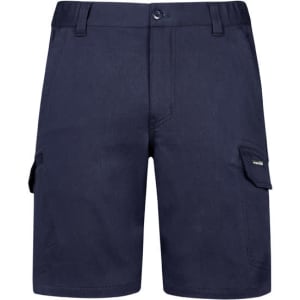 Navy work shorts featuring multiple pockets and a logo. Ideal for comfort and practicality in workwear.