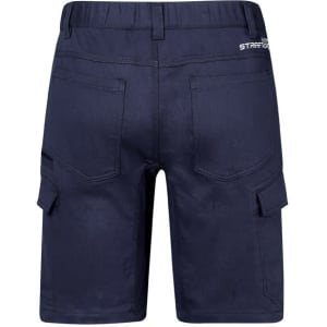 Men's navy shorts featuring cargo pockets and an elastic waistband. The back view highlights the design and logo.