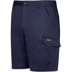 Navy blue men's shorts featuring pockets and a logo, designed for workwear and comfort.