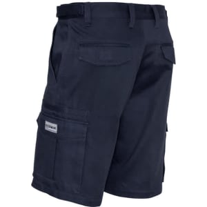 A pair of navy blue cargo shorts with multiple pockets and a branded logo on the side.