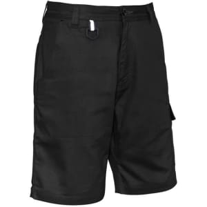 Mens rugged cooling vented shorts in black, featuring pockets and a secure waistband, with a logo present.