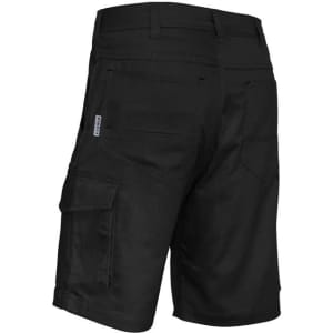 Black men's rugged cooling vented shorts with cargo pockets and a logo on the side. Suitable for casual wear.