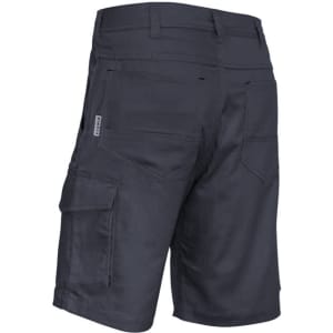 Men's rugged vented shorts in dark grey with multiple pockets and a logo.
