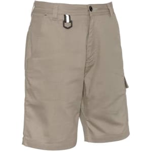Men's rugged cooling vented shorts in a light khaki colour, featuring a belt loop and a side pocket, with branding visible.