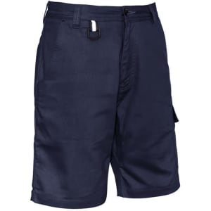 Navy blue men's rugged cooling vented shorts with side pockets and a clip feature. Contains branding.
