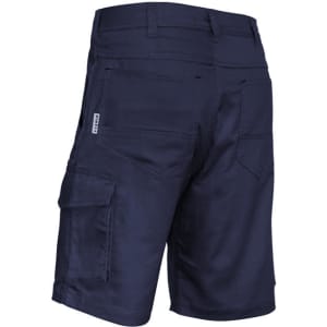 Men's rugged cooling vented shorts in navy, featuring multiple pockets and a logo on the side.