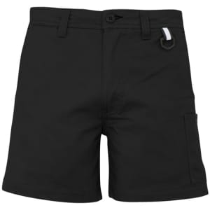 A pair of black men's shorts featuring a belt loop and a side pocket, with a logo detail.