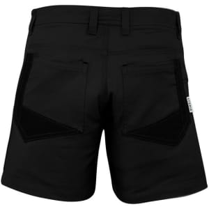 A pair of black men's shorts featuring a sleek design with two back pockets and a logo on the side.