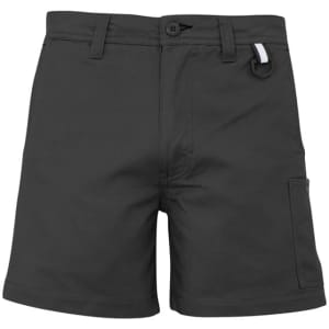A pair of men's dress shorts in dark grey with a side pocket and a logo.