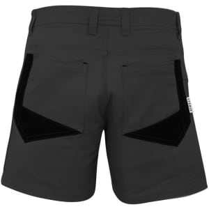 Men's dress shorts in dark grey with contrasting black pockets and a logo on the waistband.