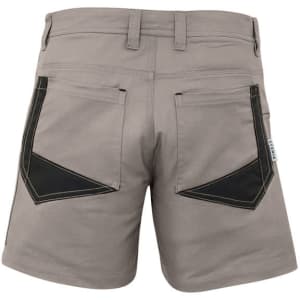 Men's rugged dress shorts in a light grey colour with contrasting black detailing on the back pockets. Features a logo.