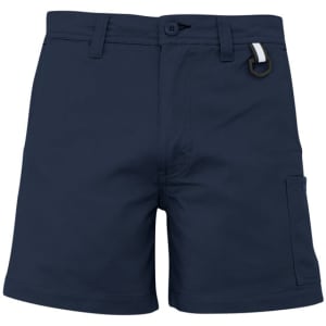 A pair of navy blue shorts featuring a side pocket and a logo detail. Ideal for casual wear.