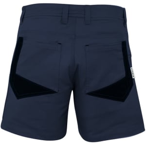 Men's rugged short shorts in navy, featuring two back pockets with a contrasting design and a logo.