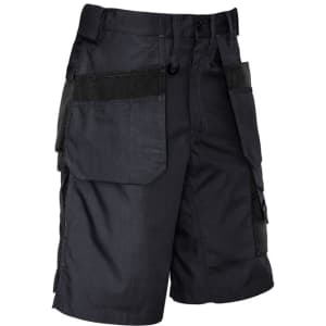 A pair of black multi-pocket shorts featuring cargo-style side pockets and a logo on the waistband.
