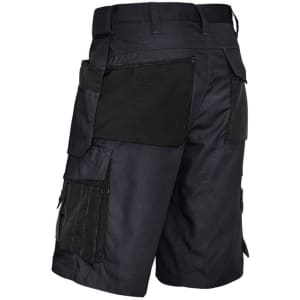 Black mens ultralite multi-pocket shorts featuring multiple side pockets and a durable design. Includes a brand logo.