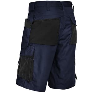 A pair of navy blue men's multi-pocket shorts featuring black panel detailing and several pockets.