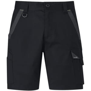 A pair of black work shorts featuring multiple pockets and a logo. Ideal for tough work environments.
