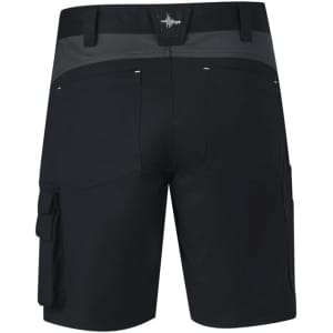Men's black work shorts featuring a sleek design, multiple pockets, and a branded logo on the waistband.