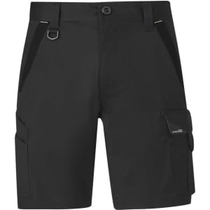 Black work shorts featuring multiple pockets and a logo, designed for durability and functionality.