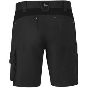 Men's black work shorts featuring utility pockets and a logo on the back waistband.