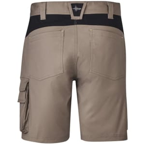 Men's work shorts in khaki with a black waistband, featuring pockets and a logo on the back.