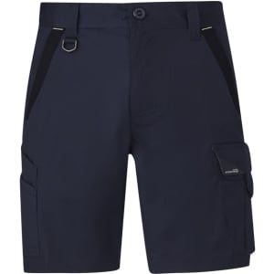Men's navy work shorts with multiple pockets and a logo, featuring a classic fit and durable fabric.