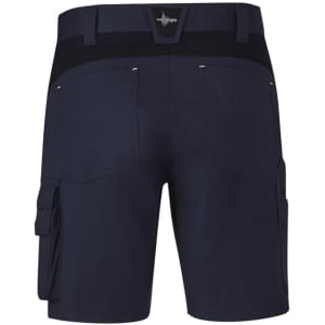 A pair of navy work shorts featuring cargo pockets and a logo on the waistband, viewed from the back.
