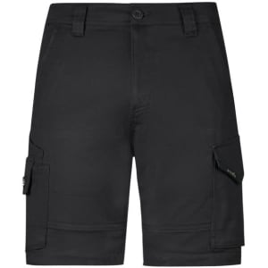 Men's rugged cooling stretch shorts in black, featuring cargo pockets and a simple button closure. Includes branding.