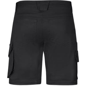 Black rugged cooling stretch shorts with cargo pockets and a logo on the back. Suitable for outdoor wear.