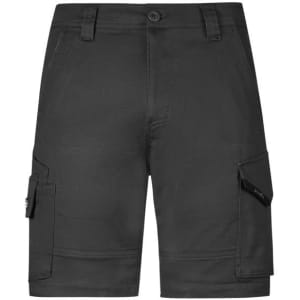Men's rugged stretch shorts in black, featuring cargo pockets and a button closure, with a logo on one pocket.