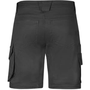 A pair of grey men's cargo shorts featuring multiple pockets and a stretchy fit. The view shows the back of the shorts.