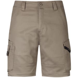 Men's rugged cargo shorts in a light khaki colour, featuring side pockets and a waistband with a logo.