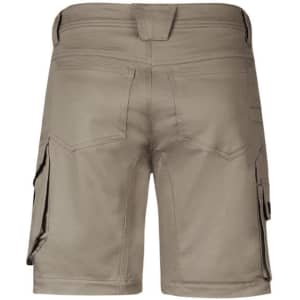 A pair of men's rugged cooling stretch cargo shorts in a light khaki colour, featuring side pockets and a rear design.