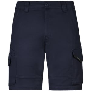 Men's rugged cooling stretch shorts in navy, featuring cargo pockets and a branded logo.
