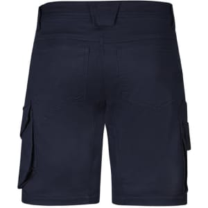 Men's rugged cooling stretch shorts in navy, featuring a fitted design with cargo pockets and a branding logo.