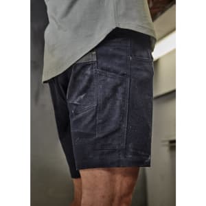Men's rugged cooling stretch shorts in dark navy, featuring multiple pockets and a fitted design. Includes branding.