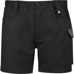 Men's black rugged cooling stretch shorts with pockets and a logo. Designed for durability and comfort in workwear.