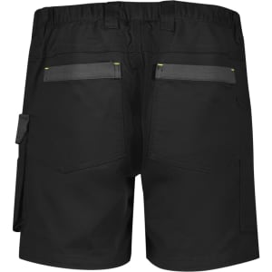 Men's rugged black shorts featuring stretch fabric, pockets, and a logo on the back. Ideal for workwear.
