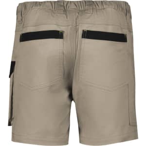 Rugged men's work shorts in beige with an elastic waistband and multiple pockets. Features branding on the back.