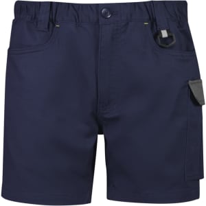 Navy blue men's shorts with a cooling stretch fabric, featuring multiple pockets and an adjustable waistband.