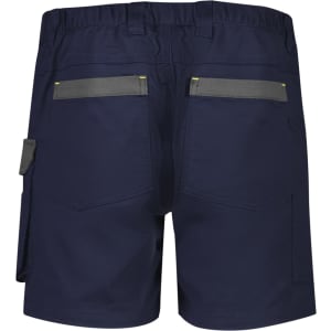 Men's rugged shorts in navy blue with multiple pockets and a logo; designed for workwear.