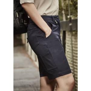 A pair of women's rugged cooling vented shorts in navy blue, featuring multiple pockets and a logo.