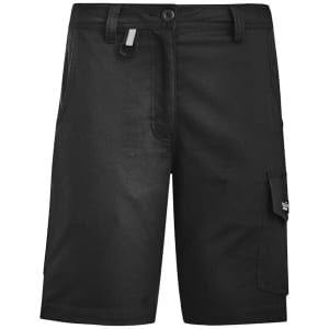 Black women's rugged vented shorts with multiple pockets and a logo on the side. Lightweight and designed for workwear.